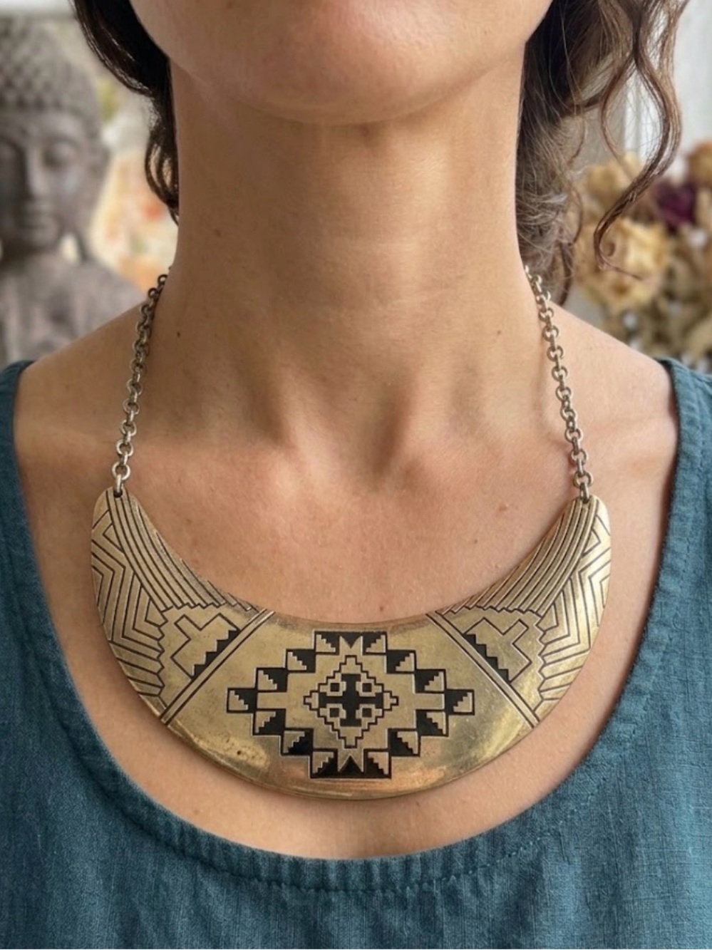 Aldo Boho Southwest Crescent Statement Necklace in Antique Gold